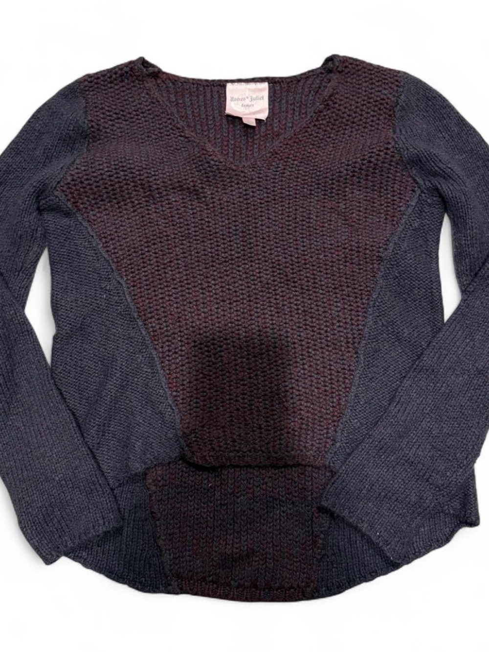 Romeo & Juliet Couture Burgundy Front with Navy Sleeves V-Neck Sweater